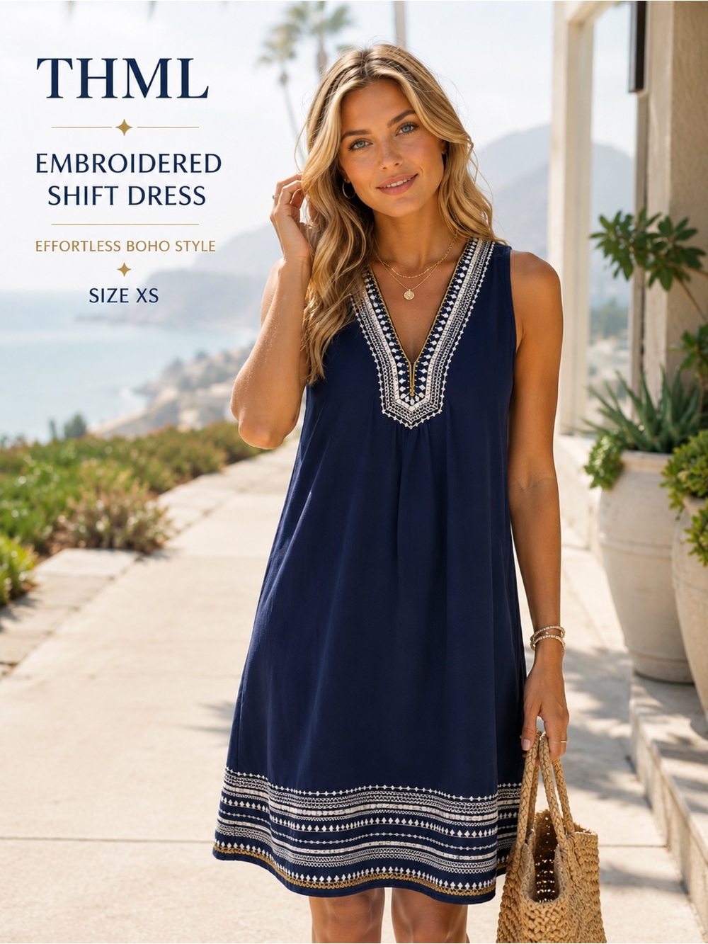 THML Navy Embroidered Shift Dress XS Boho Beach Resort Cover Up Sleeveless